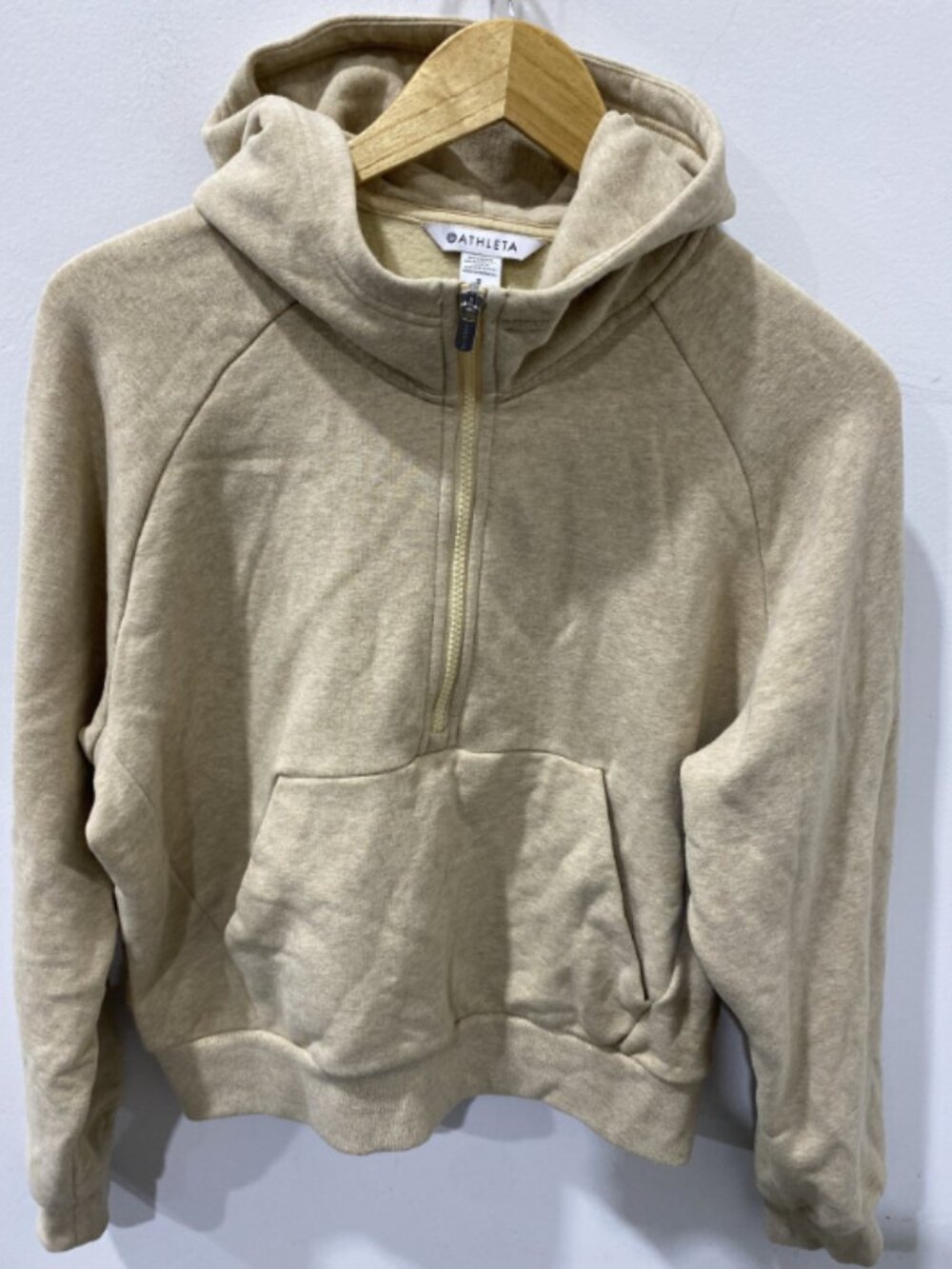 Athleta Women's Small Oatmeal Beige Half-Zip Hoodie Fleece Kangaroo Pocket Cozy